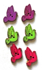 6 Bird Shaped Wooden  Buttons 25mm high x 20mm wide - Picture 1 of 2