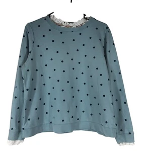 BODEN - GIRLS LARGE- BLUE LONG SLEEVE RUFFLE LACE POLKA DOT SWEATSHIRT - Picture 1 of 7
