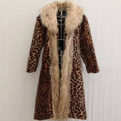 Womens American Style Coat Long Faux Fur Collar Leopard Print Overcoat Plus size - Image 1 of 4