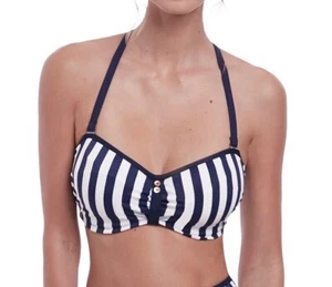 Fantasie Cote D'Azur Bikini Top Blue White Size 34FF Strapless Bandeau 6743 New - Picture 1 of 12