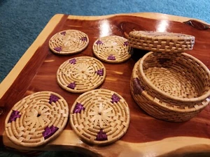 Vintage Rattan Straw Hand Woven Round Coaster Set. Barware 4" Tan  Set Of 5 - Picture 1 of 6