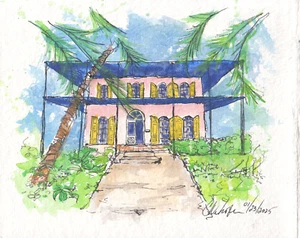 Key West Hemingway House Three Toed Cats 8x10" Original Watercolor Painting W89 - Picture 1 of 2