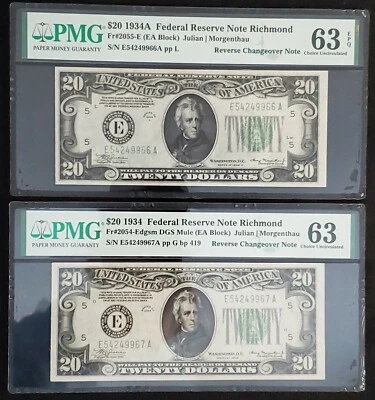 RARE 1934-A to 1934 $20 Federal Reserve Notes REVERSE CHANGEOVER PMG 63EPQ & 63 - Image 1 of 2