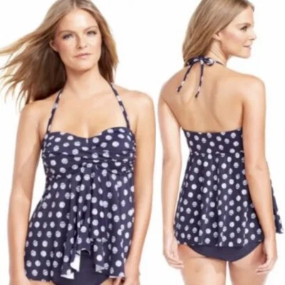 INC Top Tankini Halter Lunares Talla 8 Azul Marino/Azul Foto 1 de 4