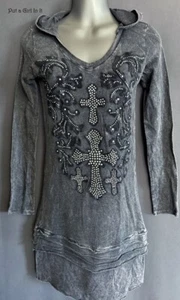 VOCAL Womens CRYSTAL BLACK MINERAL DYE CROSS HOODIE DRESS TUNIC SHIRT S Small - Picture 1 of 4