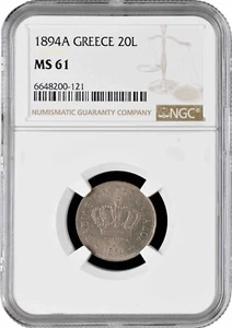 Greece 20 lepta 1894 A, NGC MS61, "King George I (1863 - 1922)" - Picture 1 of 2