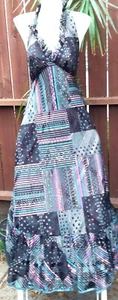 VTG 70's Ruffled Halter Maxi Drs ,Unique Polka Dot & Stripe Pattern Sz M - Picture 1 of 8