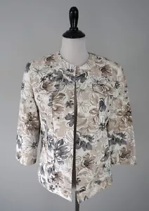 Alfred Dunner White Tan Gray Floral Open Front Career Business Blazer Coat 12P - Picture 1 of 5