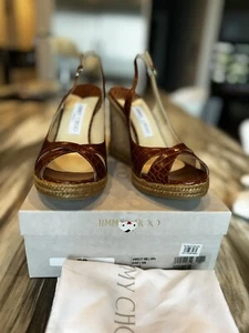 BNIB Jimmy Choo Amely 105 Slingback Wedge Sandals BROWN Leather 39.5 8.5 - Picture 1 of 20