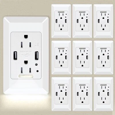 10 × LED Night Light Wall Socket 2 USB Ports 2 AC Outlet Duplex Receptacle Cover - Image 1 of 4