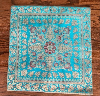 LePakshi Silk Pillow Cover Turquoise Gold Burgundy 16”x 16” Zipper Closure India - Image 1 of 4