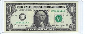 Circulated $1 One Dollar Note Fancy Serial # TRINARY 5 of a Kind 1s J94141111A - Picture 1 of 3