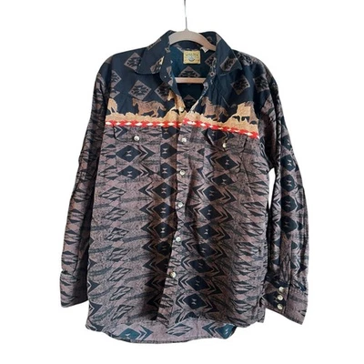 VINTAGE Moda Tech Western Shirt Mens XL Aztec Southwestern Horses Rodeo - Image 1 of 4