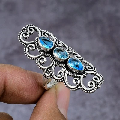 Swiss Blue Topaz Gemstone Handmade 925 Sterling Silver Jewelry Ring Size 10 Z328 - Image 1 of 4