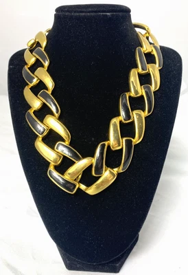 Vintage 80's Geometric Enameled Black & Gold Maxi Cuban Link Statement Necklace - Image 1 of 4