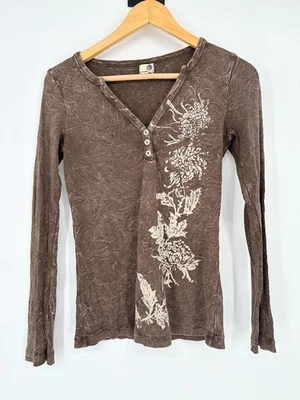 Top Henley One World Y2K Manga Larga Estrás Para Mujer L Marrón Ajustado Grunge Foto 1 de 4