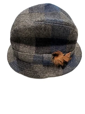 De colección BRAEMART Gran Bretaña Lana Cuadros Sombrero Ala Gota XL Tweed Cuadros Pluma Foto 1 de 4