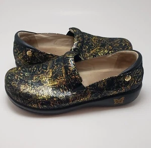 Womens Alegria Slip-On Black Leather Gold Metallic Design Shoes KEL-676 Size 10 - Picture 1 of 7