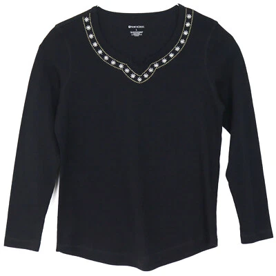 Northcrest Women's Black Long Sleeve Thermal Waffle Top Size Large Embroidered - Image 1 of 4