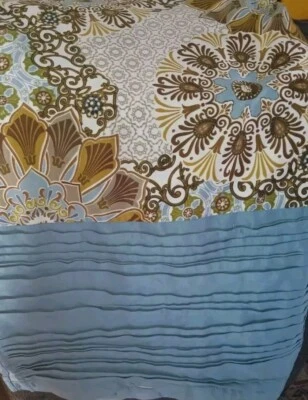 NICOLE MILLER SHOWER CURTAIN Blue Brown Medallion Tiered Trim 72x72 - Image 1 of 4