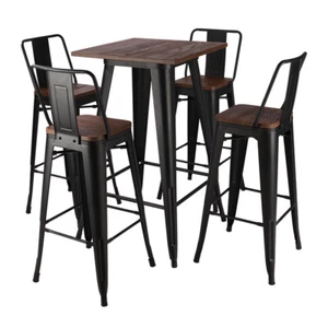Tall Industrial Black/Wood Top Bar Stool Table Indoor Outdoor Cafe Bistro Chairs - Picture 1 of 15