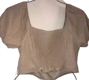 Kirious Los Angeles XL NWT Junior Shirt Crop Top Smocked Bustier Short Slv Tan - Picture 1 of 12