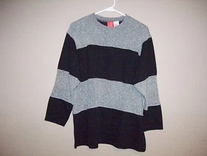 Liz&Co Petites Size PL Black & Gray Tweed Striped Crew Neck Sweater 3/4 Sleeves - Picture 1 of 4