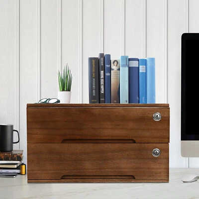 2-tier Wooden Desktop Storage Box W/Lockable Drawers Walnut Flat File Cabinet - Image 1 of 4