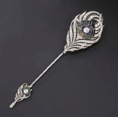 Elegant Art Deco Get-set Jabot Pin Peacock Feather Style Brooch Solid 925 Silver - Image 1 of 4