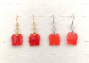 Red Green Purple Genuine Jade Obsidian Elephant 18KGP 925 Silver Hook Earrings - Picture 1 of 36