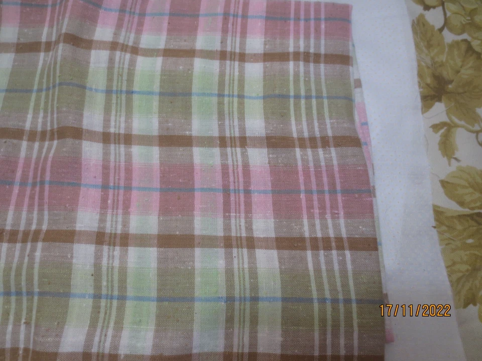 2 yds x 42" vintage woven linen like pink green brown plaid cotton fabric - Image 1 of 4