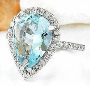 3.66 Carat Natural Aquamarine and Diamonds Ring Solid 14K White Gold Ring - Afbeelding 1 van 5