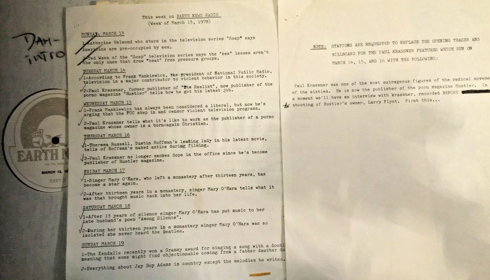  EARTH NEWS RADIO SHOW 3/13/78 MARY O'HARA, PAUL KRASSNER, THERESA RUSSELL - Image 1 of 1