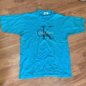 cK Calvin Klein Striped T Shirt - Men’s Medium Size Cotton - Two-tone Teal Color - Picture 1 of 5