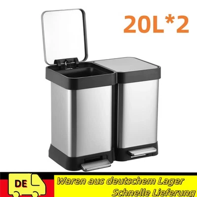 Mülleimer 2 Fächer, 40L Mülleimer Küche aus Edelstahl (2x20L) Silber - Bild 1 von 4