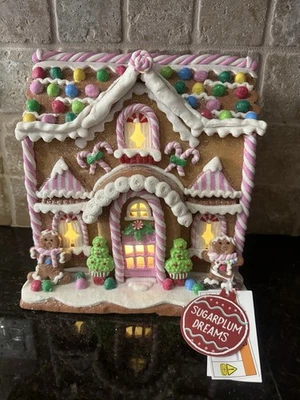 Sugarplum Dreams Pink White Christmas Gingerbread House Candy Light Up RARE - Image 1 of 4