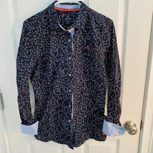 Ariat Shirt Mens Medium Navy Cat Print Button Down flip contrast cuff Western M - Picture 1 of 8