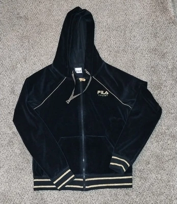 Sudadera con Capucha Fila Sport Terciopelo Cremallera Negra con Detalles Morados y Plateados Talla S Foto 1 de 4
