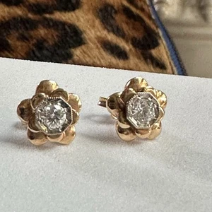 Französischer Jugendstil 1 cttw Diamant Ohrstecker mit floralen 14k Goldkanten - Schraubboden - Bild 1 von 14