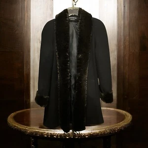 Donny Brook 100% Wool Made In Russia Long Coat Faux Fur Animal Print Trimmed VTG - Picture 1 of 9