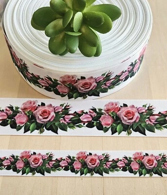 7/8 & 1.5" (1 YD) Pink Rose Grosgrain Ribbon Roses Floral Mother's Day Ribbon - Image 1 of 2