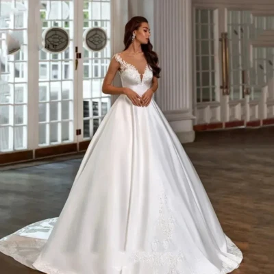 White Ivory Satin A Line Wedding Dresses for Women Sexy V Neck Boho Bridal Gowns - Image 1 of 4