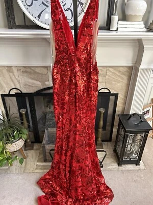 NUEVO NUEVO CON ETIQUETAS $670 JOVANI 38349 Vestido Maxi Floral Lentejuelas Rojo - Talla 6 Foto 1 de 4