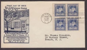 1940 Famous Americans Sc 867-56 South Jersey Stamp Club 1st cachet block of 4 - Picture 1 of 1