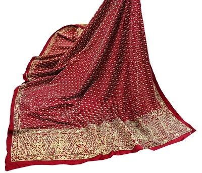 Vintage Heavy Red Dupatta Pure Satin Silk Long Stole Hand Embroidered Veil Dabka - Image 1 of 4