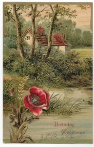 BIRTHDAY GREETINGS,COUNTRY SCENE-EMBOSSED CABIN,STREAM,TREES & RED FLOWER - Picture 1 of 1