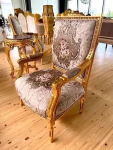 Sillón Estilo Antiguo Real en Acabado Dorado Estilo Barroco Francés Hecho a Mano Bronce - Imagen 1 de 7