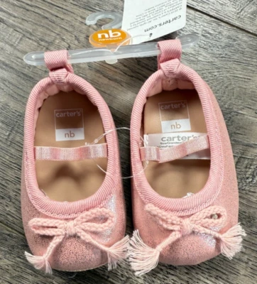 Baby Girl Clothes New Carter's Newborn Shinny Pink String Bow Shoes - Image 1 of 3