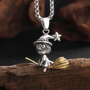 Silver Witch Magic Broom Pendant Necklace Chain Men's Women's Jewelry Gift - Picture 1 of 6