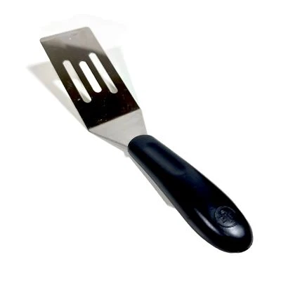 The Pampered Chef Mini Spatula Black Handle Chef Hat Logo Stainless Slotted 8” - Image 1 of 4